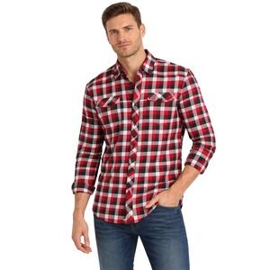 Sean John Button Down Shirt‎ Mens XXL Red Black Plaid Tailored Fit Long Sleeve